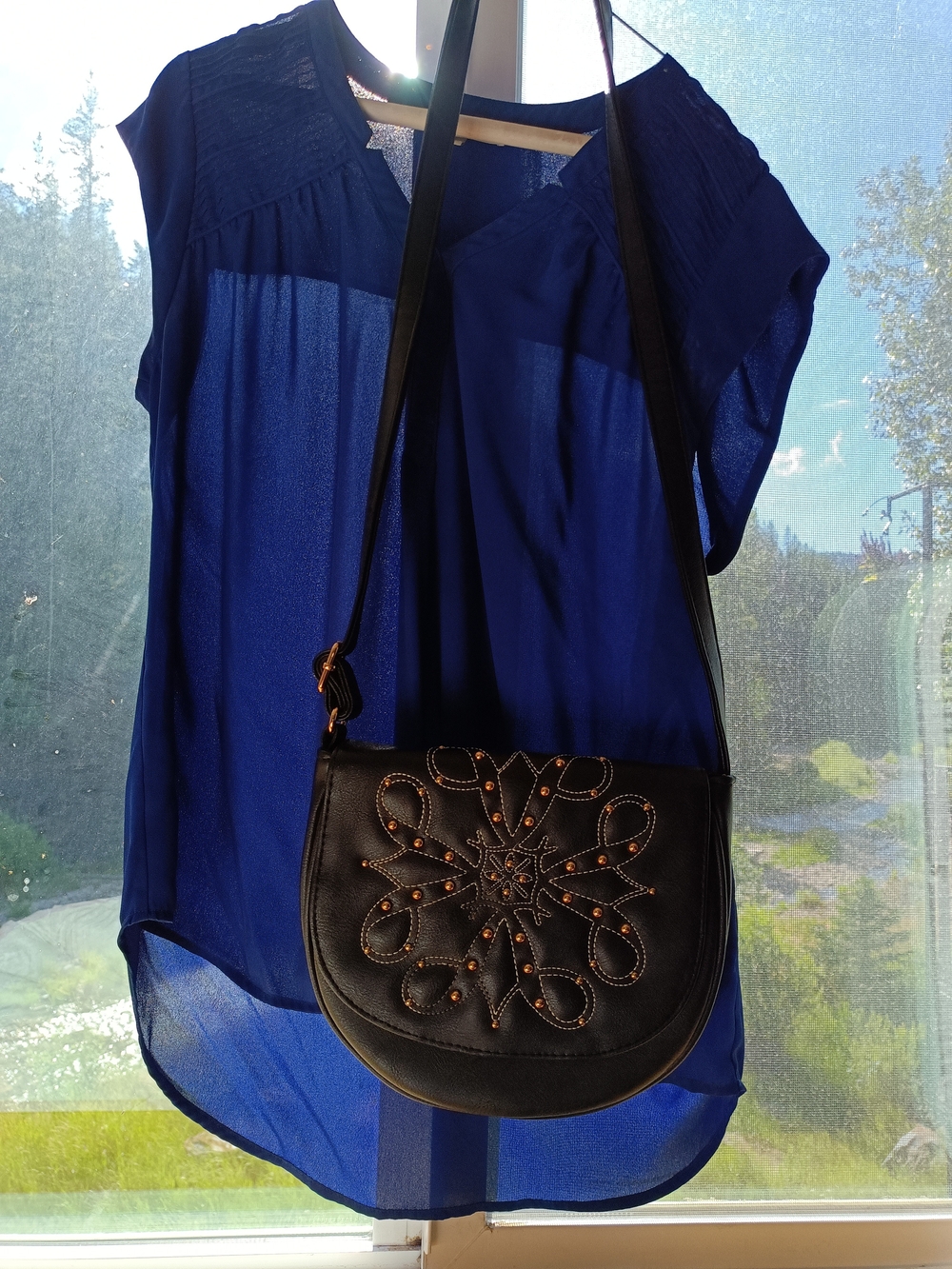 Black Leather Crossbody Bag with Studded Floral Design